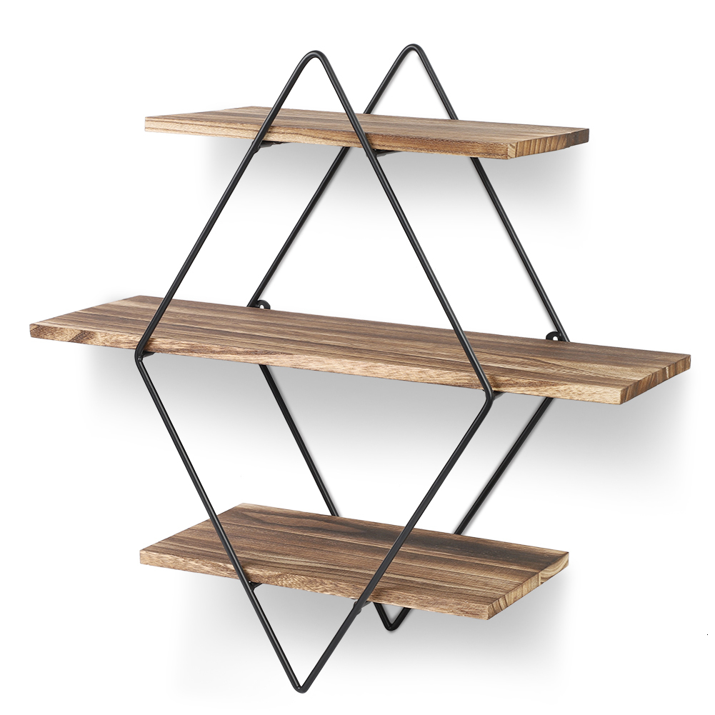 Novelty Items Wood Wall Shelves Hanging Geometric Vintage Style Floating Metal Wall Mounted Shelves For Living Room Bedroom Decoration 221129