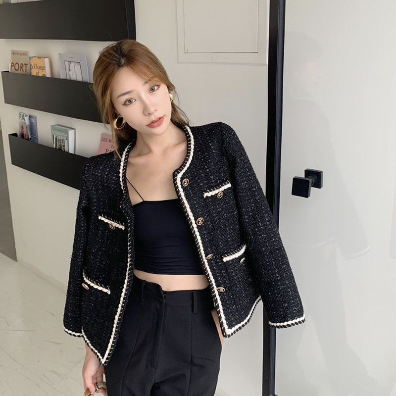 Wo Jacket Coat Women Outerwear Female Spring Autumn Tweed Round Neck Casual Coats Channel Style Za Suit Cropped Retro Tops 221129