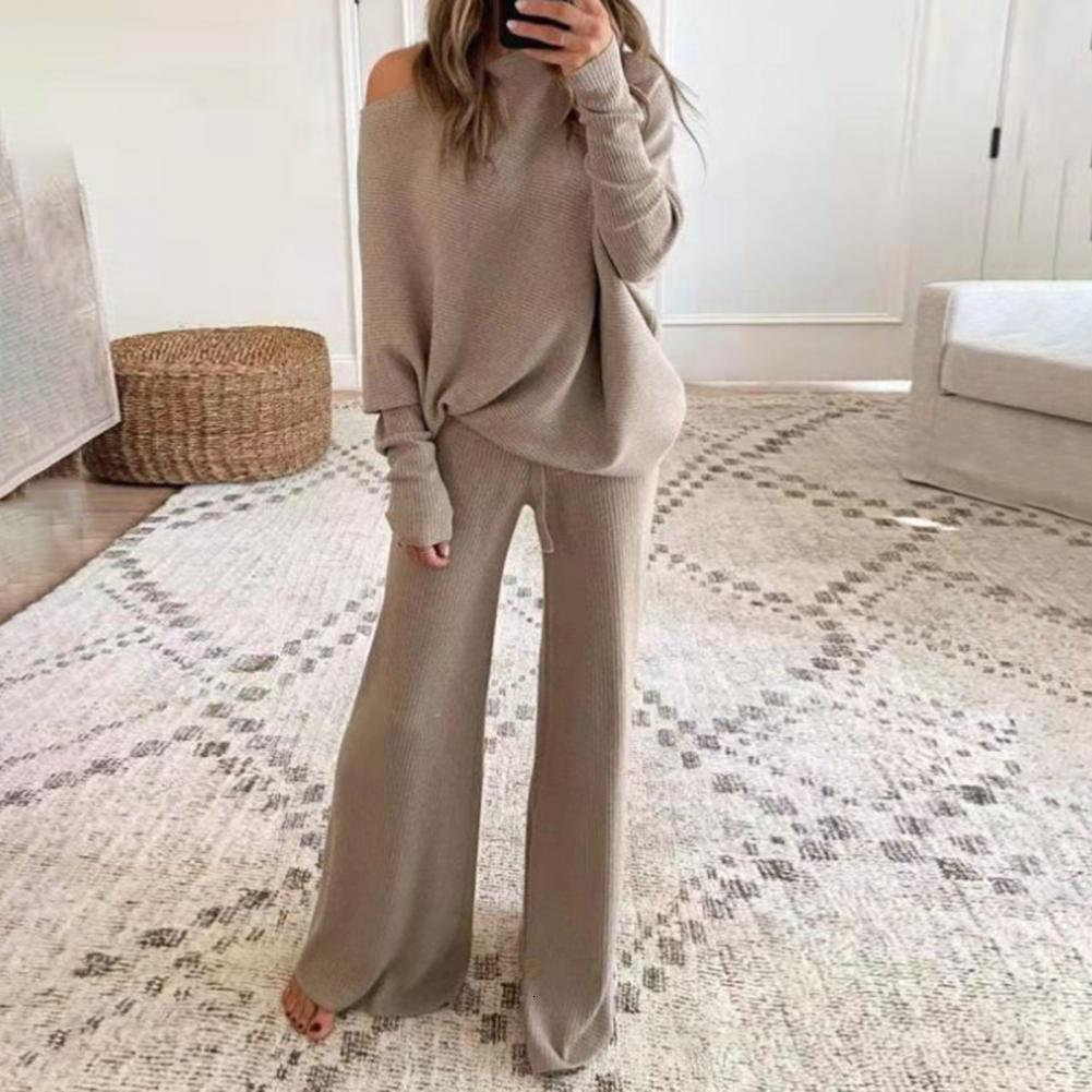 Women's Two Piece Pants 2pcs Autumn Winter Pant Suits Outfits Knitted Pullover Top Wide Leg Twopiece Set Tracksuits 221129