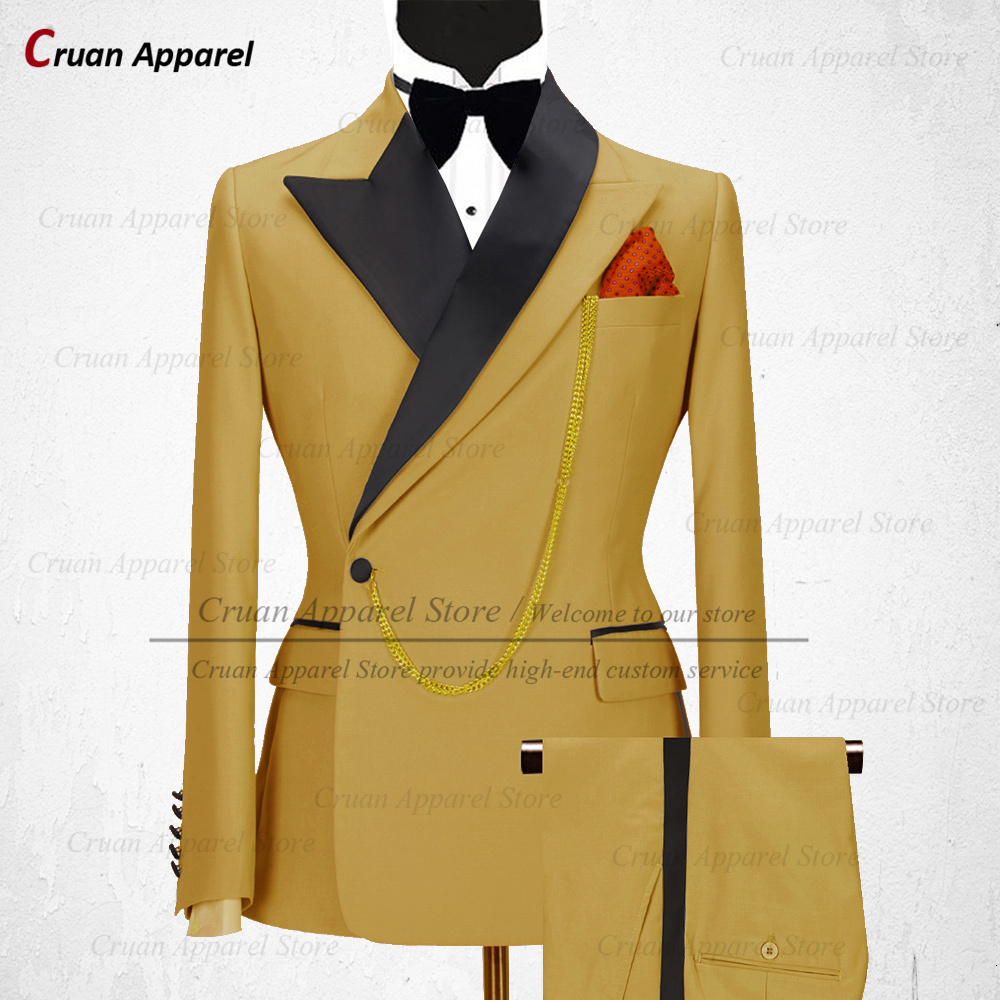 Men's Suits Blazers Latest Gold Men Suit Set Slim fit Groomsmen Groom Wedding Dress Tuxedo Fashion Party Stage Blazer Pants 2 Pieces