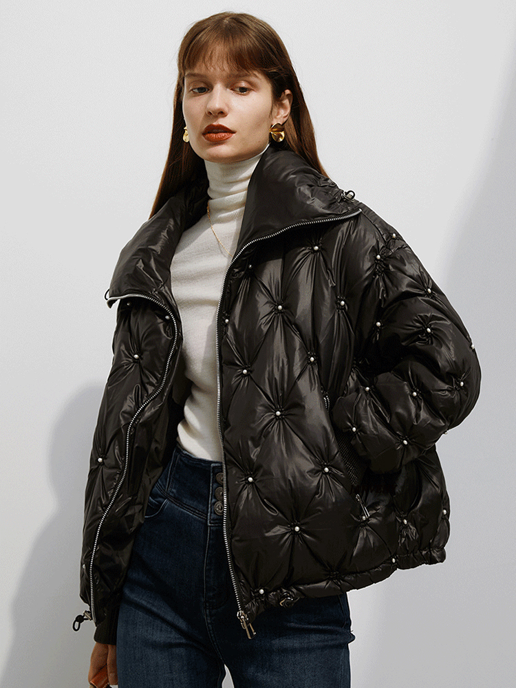 Women s Down Parkas Janveny Women Winter Fashion Oversize Short Jacket Female Waterproof Glossy Shiny Warm Casual Pearl Beading Puffy Coat 221128
