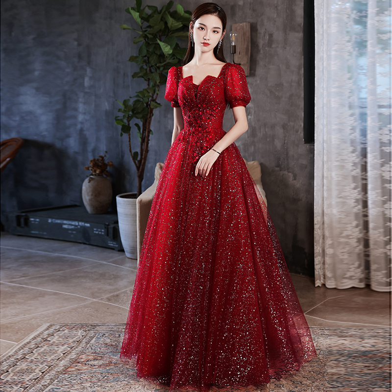 Party Dresses DEERVEADO A Line V Neck Tulle Appliques Prom Long Puff Sleeves Formal for Women Maxi Gown 221128