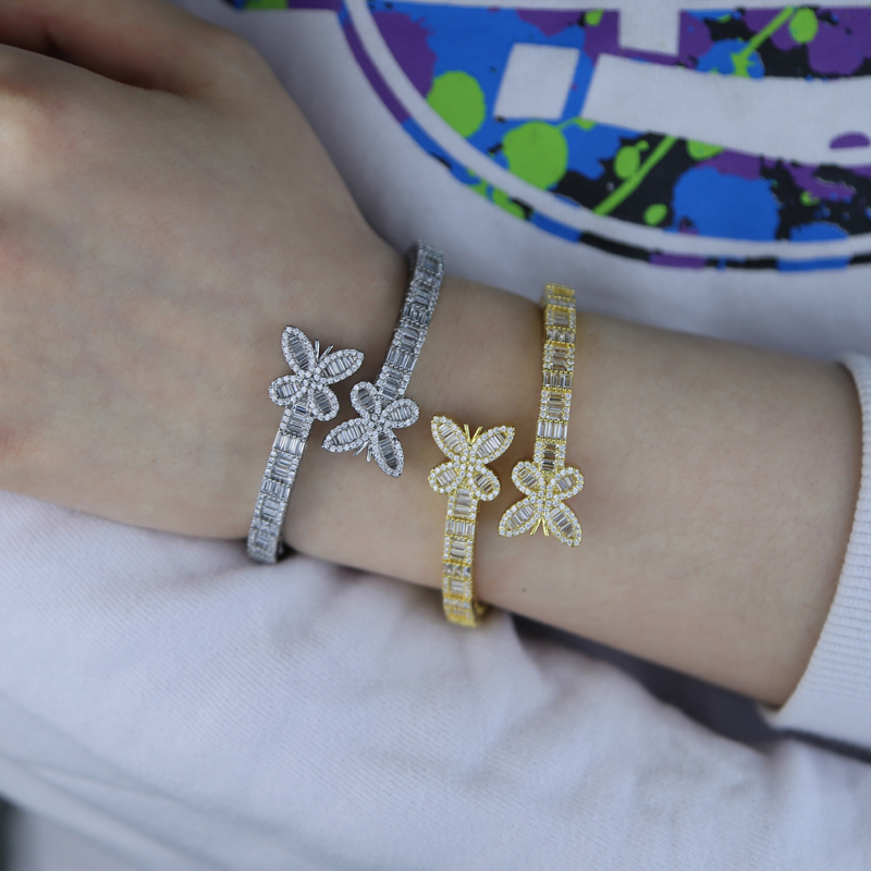 Iced out wide band bracelet bangle with butterfly charm bracelet ring set paved 5A Cubic Zircon stone for Women Men hip hop jewelry wholesale