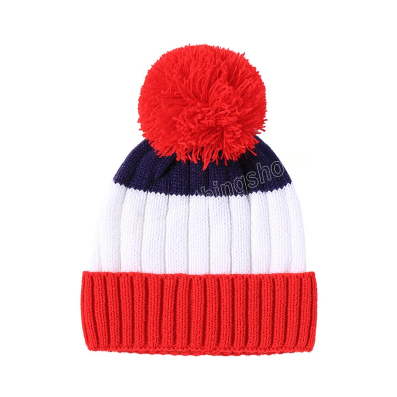Baby Knit Pompom Beanie Hats Winter Knitted Contrast Color Stripe Hat Kids Warm Crochet Caps Outdoor Cap