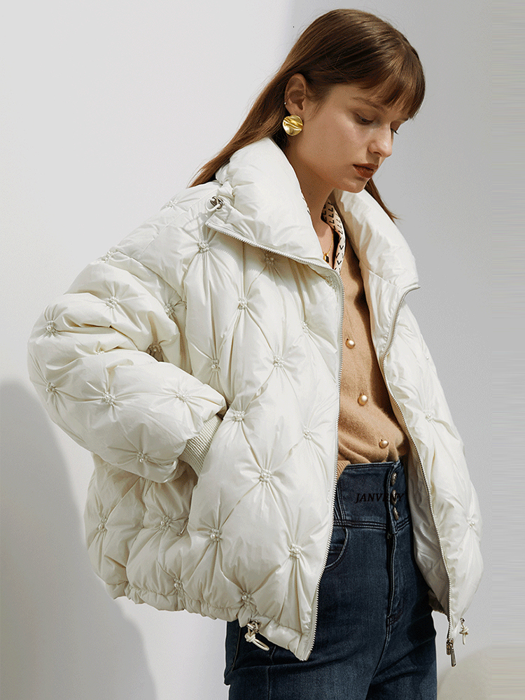 Women s Down Parkas Janveny Women Winter Fashion Oversize Short Jacket Female Waterproof Glossy Shiny Warm Casual Pearl Beading Puffy Coat 221128