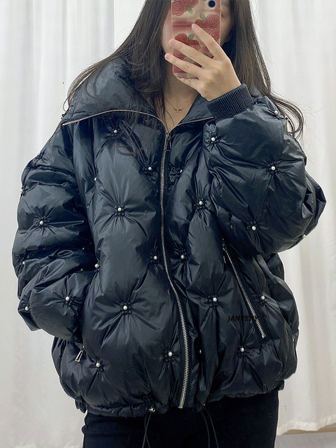 Women s Down Parkas Janveny Women Winter Fashion Oversize Short Jacket Female Waterproof Glossy Shiny Warm Casual Pearl Beading Puffy Coat 221128