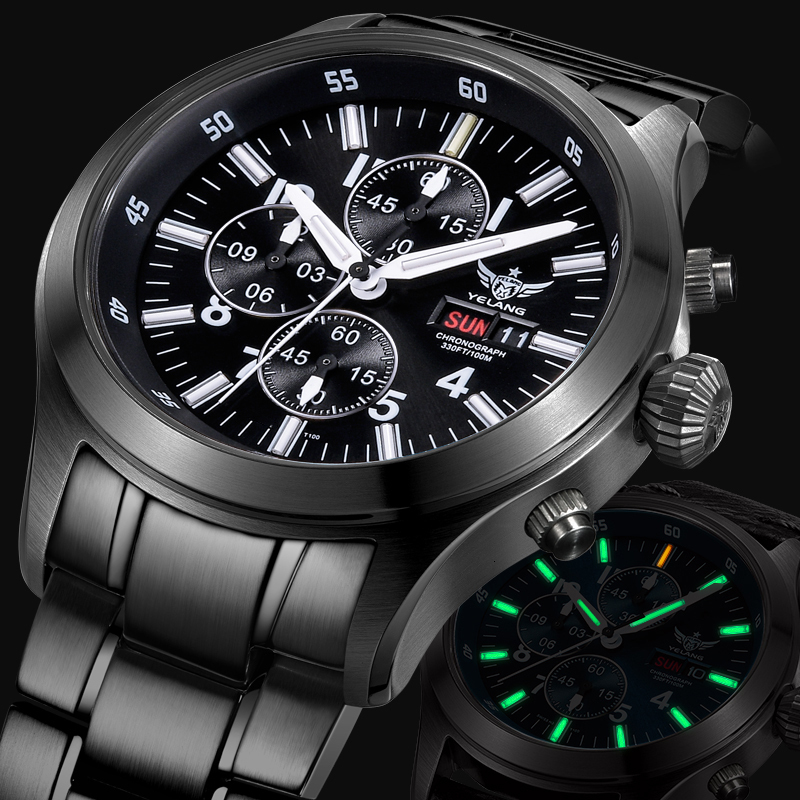 Wristwatches Yelang Men Tritium Watch Mens Chronograph Watches Pilot Quartz Wristwatch 100M Waterproof T100 Luminous Sapphire Mirror Military 221128