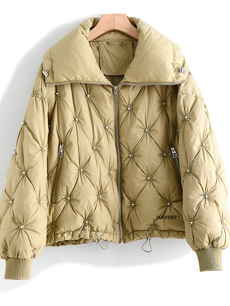 Women s Down Parkas Janveny Women Winter Fashion Oversize Short Jacket Female Waterproof Glossy Shiny Warm Casual Pearl Beading Puffy Coat 221128