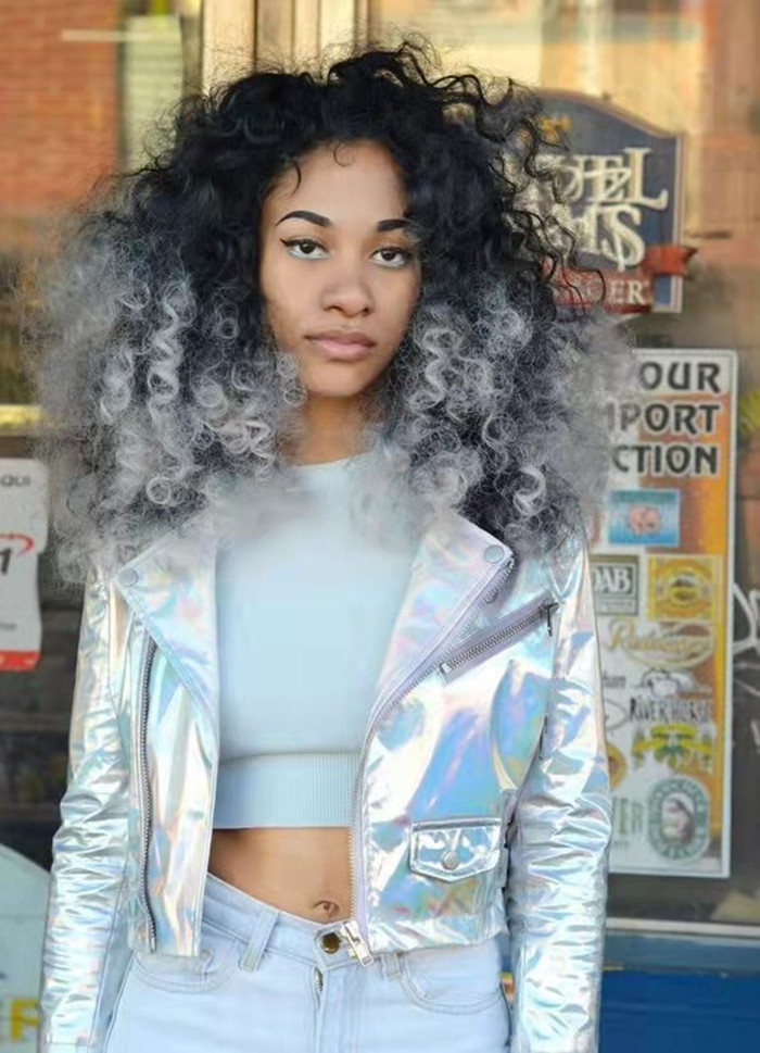 Stunning afro kinky curly salt and pepper grey ponytail extension drawstring women hair piece human puff bun clip in box braid fashion girl hairstyle 