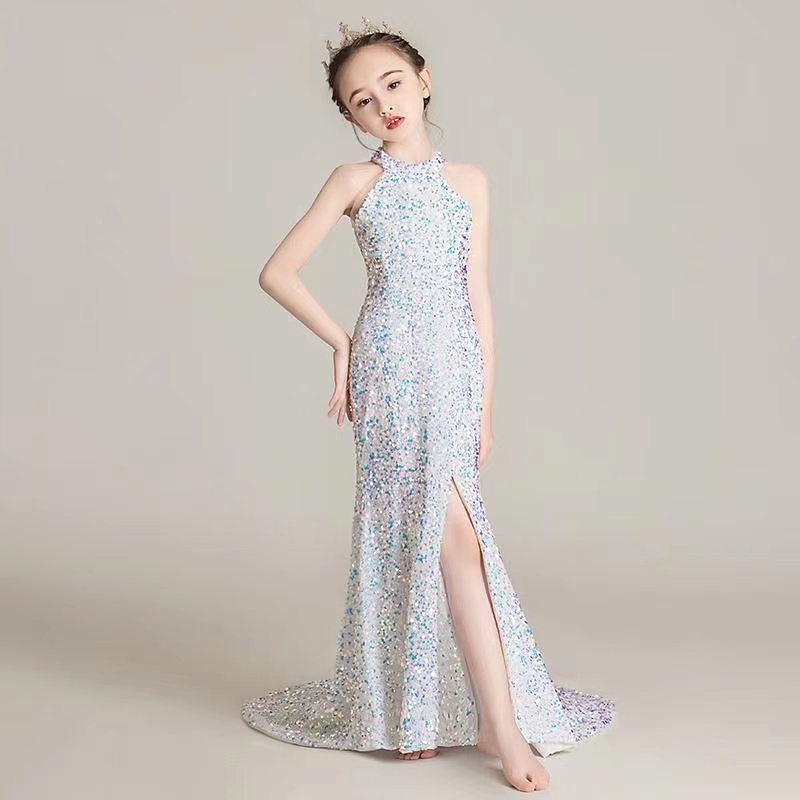 Flower Girls Dresses Sheer Hang Neck Hand Made Flowers Kids Formal Wear Sequined Girl Mermaid Dress For Wedding 403
