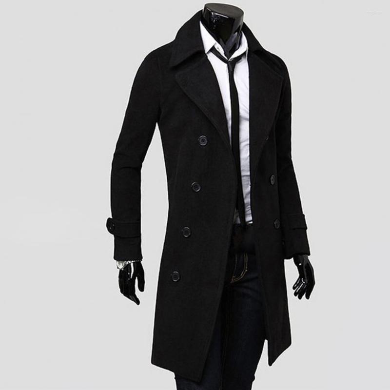Men's Trench Coats Casual Men Jacket Autumn Winter Coat Turndown Collar Pockets Warm Pure Color
