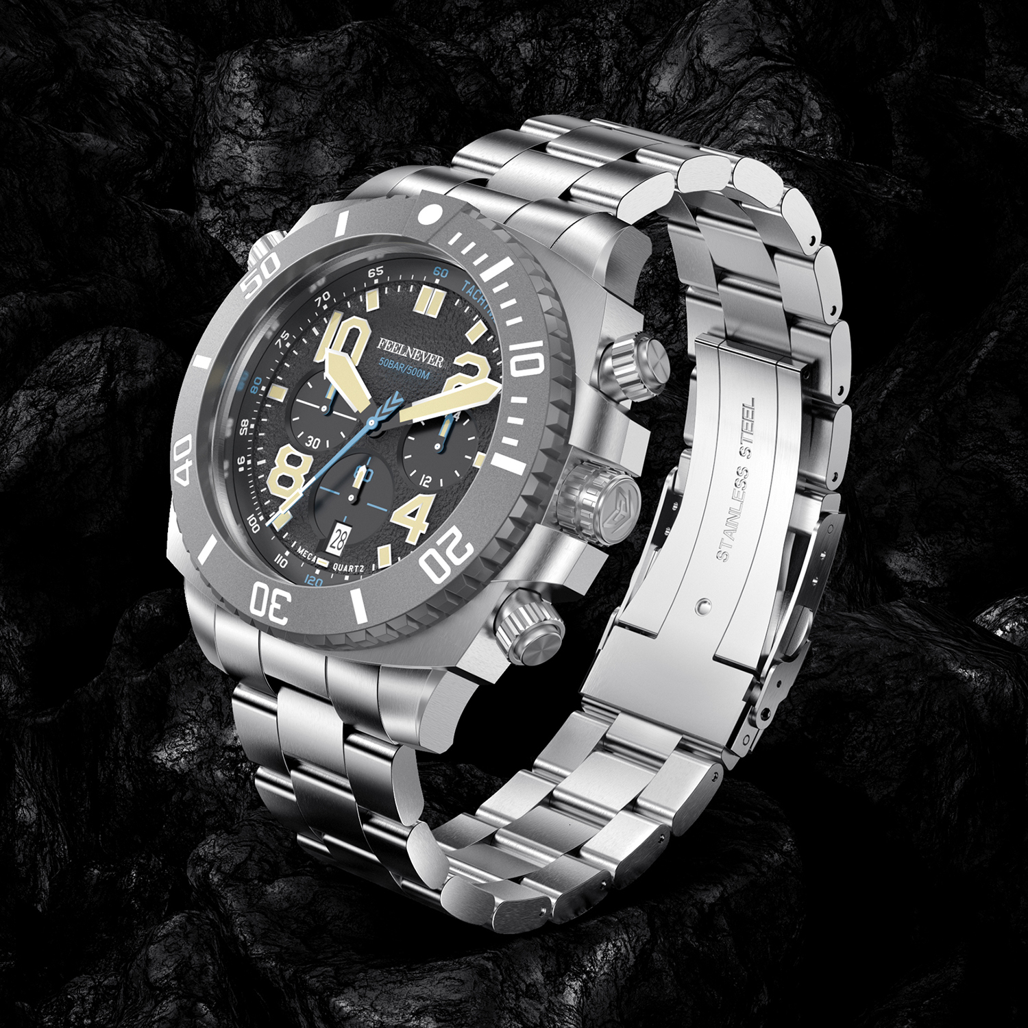 Wristwatches FeelNever Sport Dive Men Watch Stainless Steel Big Dial Watches For 500M Waterproof Quartz Clock Sapphire Crystal Wristwatch 221128