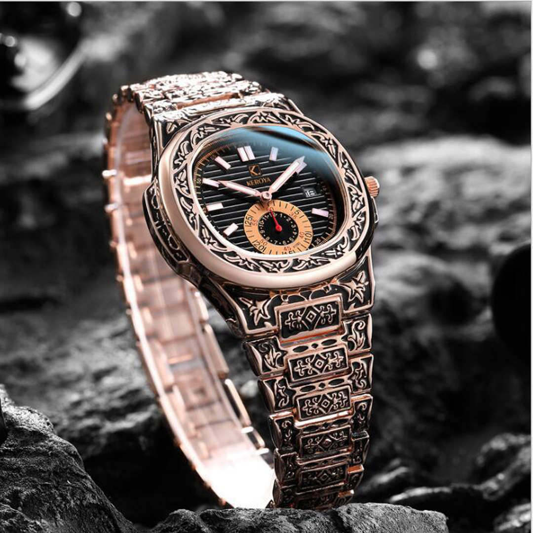 Wristwatches KEROYA Style Engrave Fashion Business Steel Belt Luxury Stainless Sculpture Quartz Watch For Drop 221128
