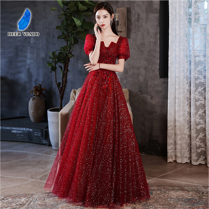 Party Dresses DEERVEADO A Line V Neck Tulle Appliques Prom Long Puff Sleeves Formal for Women Maxi Gown 221128