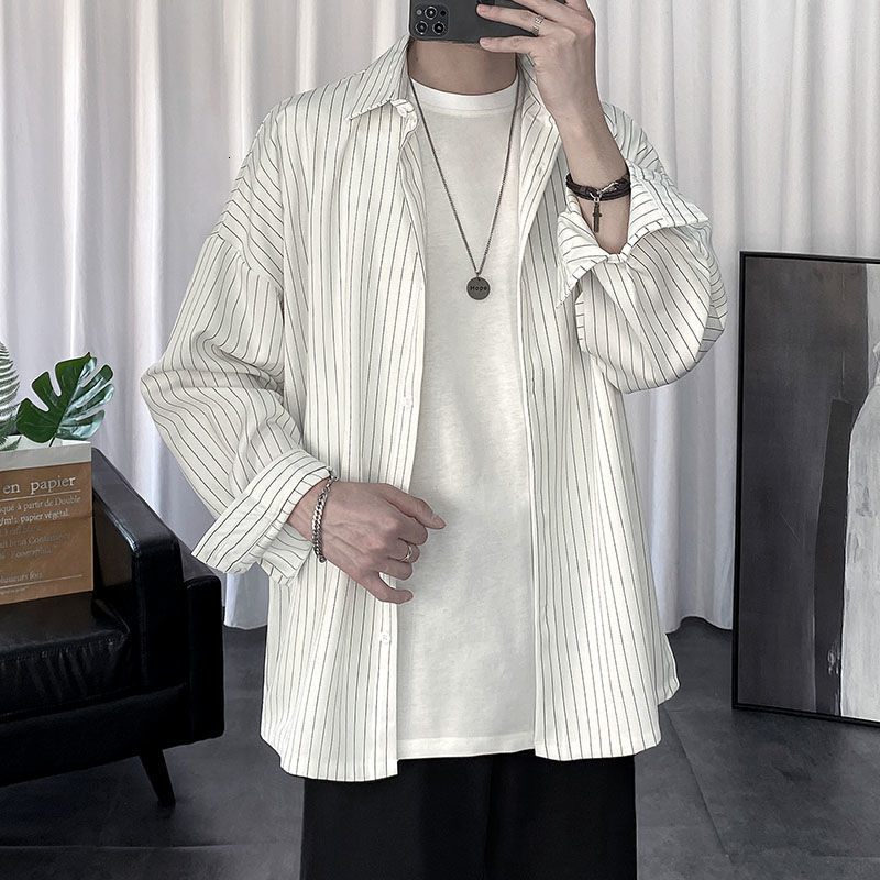 Men s Casual Shirts Striped Jacket Men Women Hong Kong Style Japanese Oversize Trend Black Unisex Gothic Long Sleeved Autumn Tops 221128