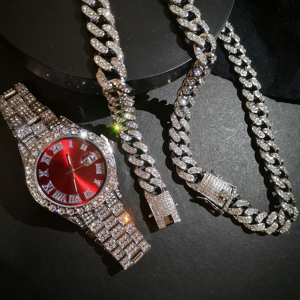 Wristwatches Full Iced Out Watch Mens Cuban Link Chain Bracelet Necklace Choker Bling Jewelry for Big Gold Chains Hip Hop Set 221128