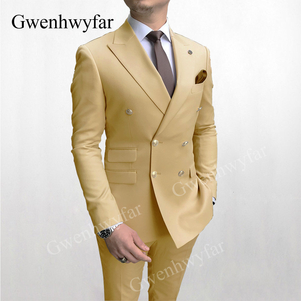 Men's Suits Blazers Gwenhwyfar Double Breasted Men Suit Burgundy Two Pieces Slim Fit High Quality Wedding Costume Party Prom Gold Button Male 221