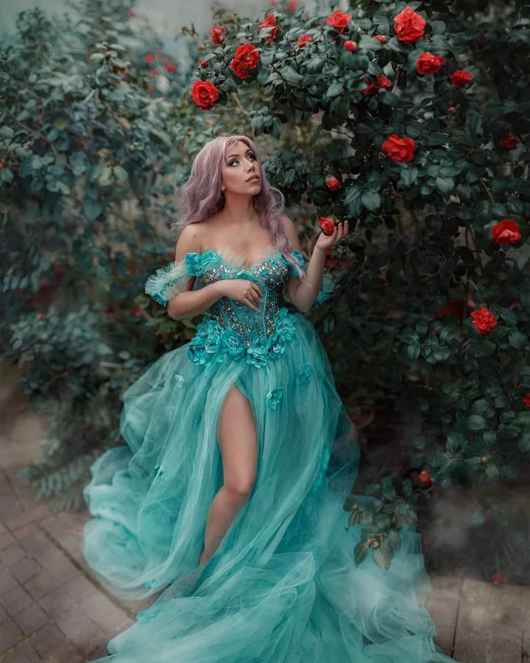 Mint Blue Princess Evening Dresses 2023 Off Shoulder Lace-up Handmade Rose Flower Fairy Tulle prom Gown feestjurken