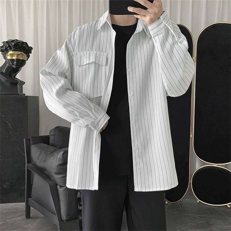 Men s Casual Shirts Striped Jacket Men Women Hong Kong Style Japanese Oversize Trend Black Unisex Gothic Long Sleeved Autumn Tops 221128