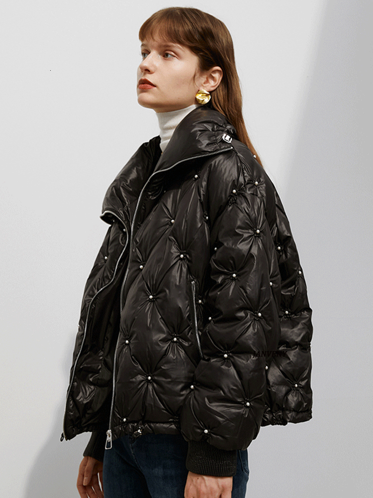 Women s Down Parkas Janveny Women Winter Fashion Oversize Short Jacket Female Waterproof Glossy Shiny Warm Casual Pearl Beading Puffy Coat 221128