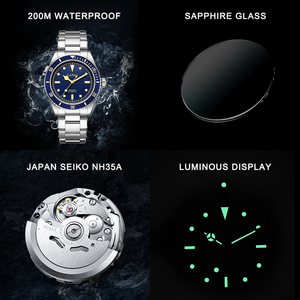 Wristwatches CADISEN 38MM Men s Mechanical Watches NH35 Automatic Watch For Men Luxury Sapphire Glass Stainless Steel Diving 200M Wristwatch 221128