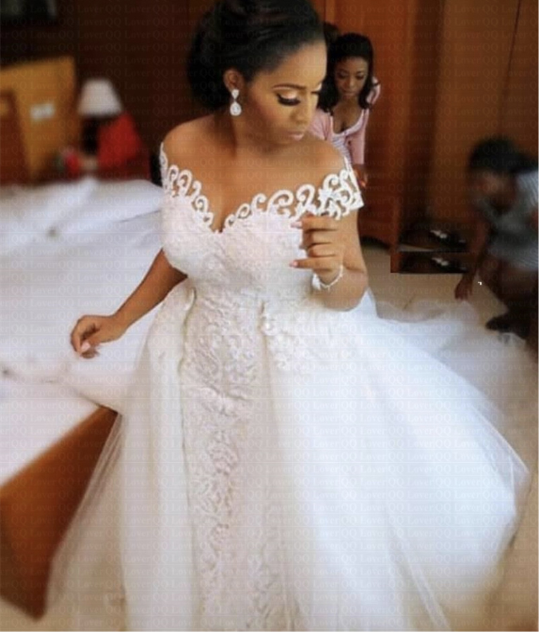 Amazing Off the Shoulder Arabic Mermaid Dress With Detachable Train Lace African Wedding Gown Free shipping