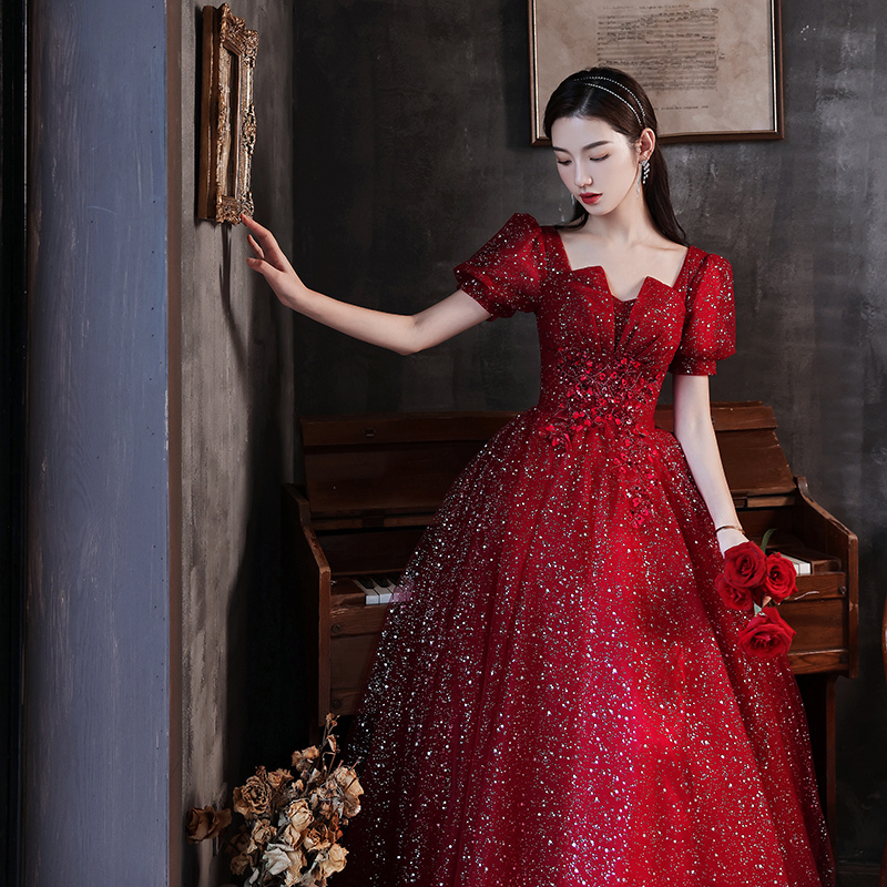 Party Dresses DEERVEADO A Line V Neck Tulle Appliques Prom Long Puff Sleeves Formal for Women Maxi Gown 221128