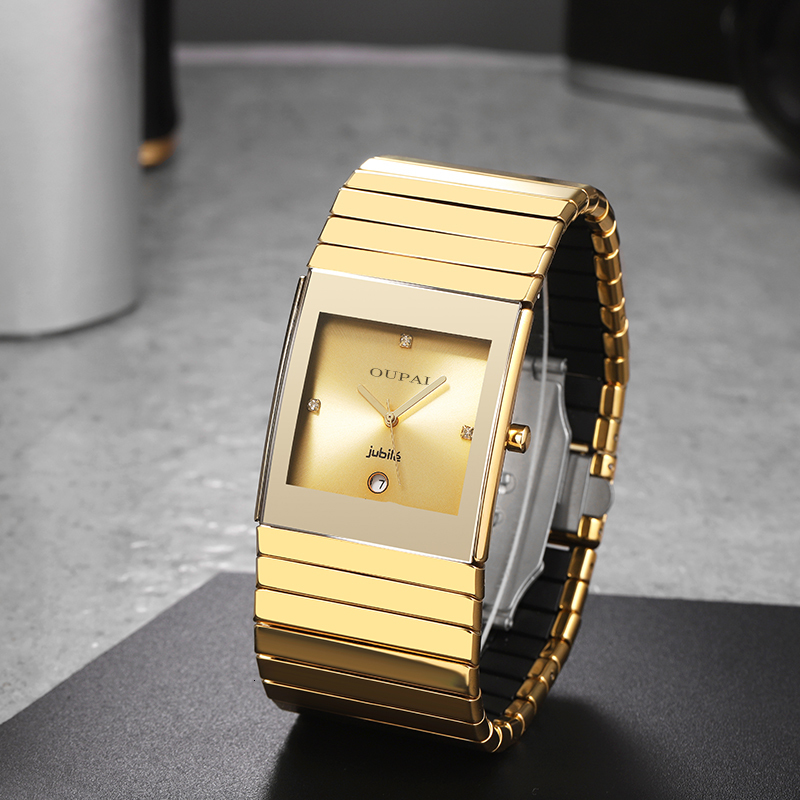 Wristwatches OUPAI Arrival Rectangle Business Watch Golden Pvd Cover Ceramic 35mm Large Size Ultra Thin Middle Aisa Style Waterproof 221128