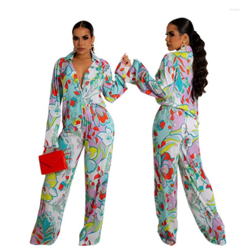 Women's Two Piece Pants Women 2 Pieces Sets Fashion Printed Shirts Casual Long Blouse & Trousers Elegant Sexy Matching