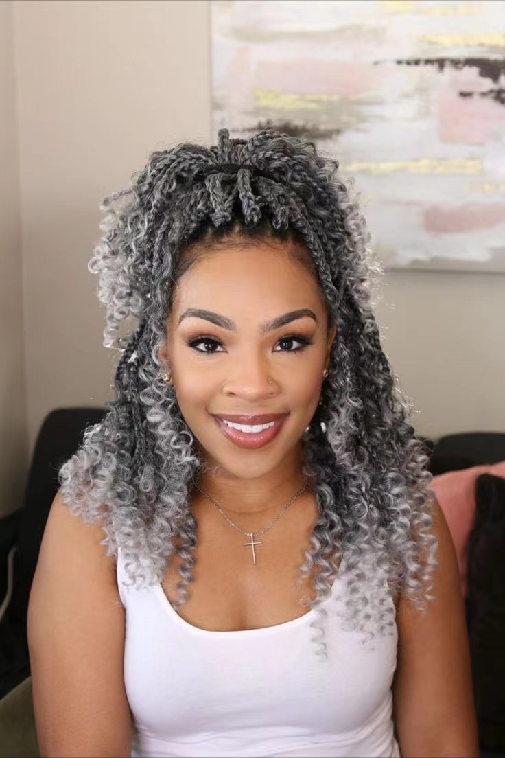 Stunning afro kinky curly salt and pepper grey ponytail extension drawstring women hair piece human puff bun clip in box braid fashion girl hairstyle 