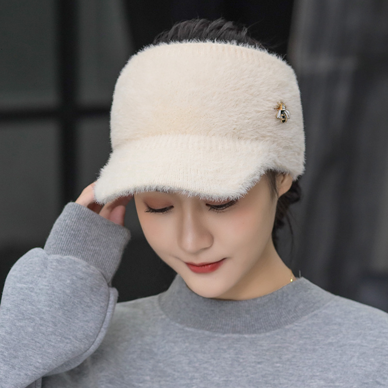 Ball Caps Woman Girl Mink Hair Visor Bee Knitted Autumn Winter Hat Solid Color Elastic Cycling Running Golf Empty Top 221129