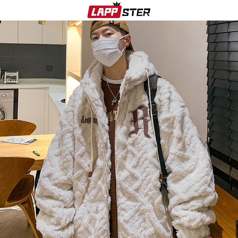 Mens Jackets LAPPSTER Y2k Winter Fleece Hooded Fluffy Coats Korean Streetwear Windbreaker Oversized Japanese Parkas 221129