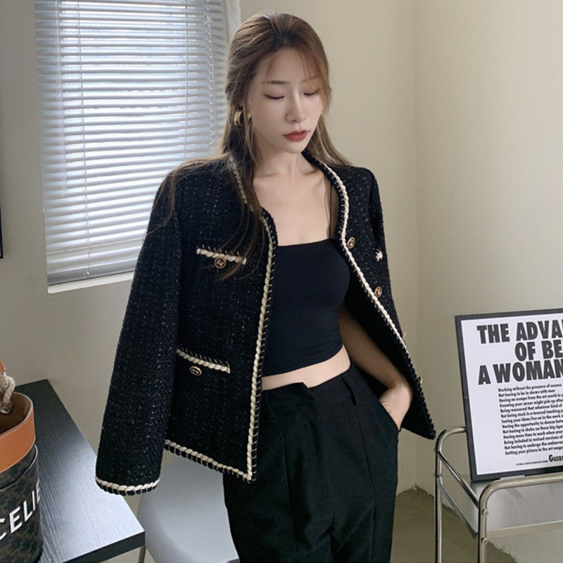 Wo Jacket Coat Women Outerwear Female Spring Autumn Tweed Round Neck Casual Coats Channel Style Za Suit Cropped Retro Tops 221129
