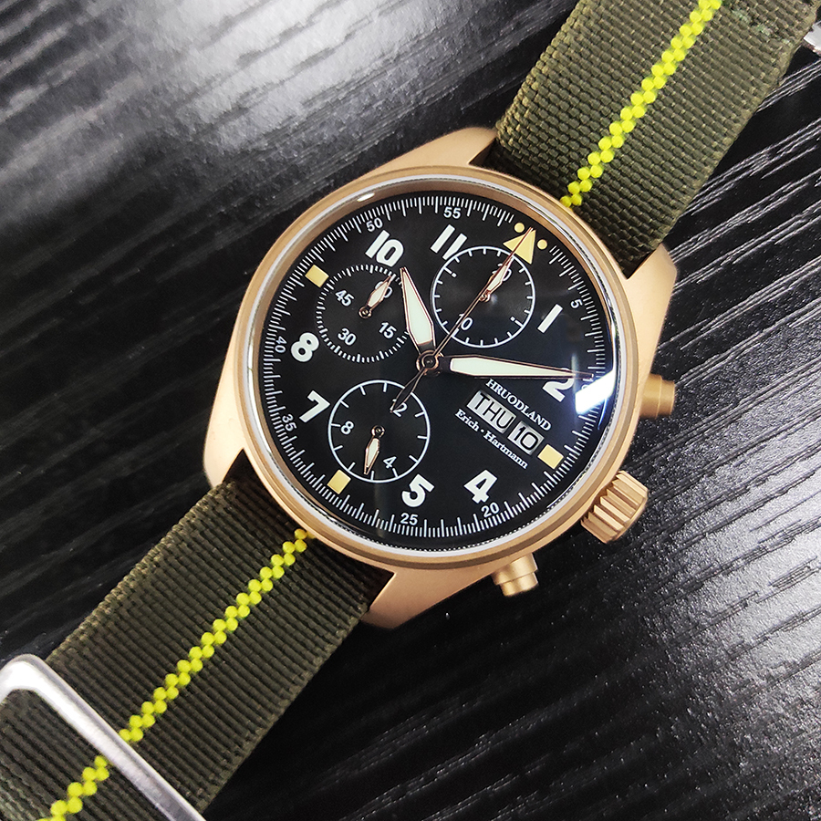 Wristwatches Hruodland Bronze Chronograph Quartz Pilot Watch for Men Double Luminous Sapphire Crystal 100m Water Resistant Retro Military 221128