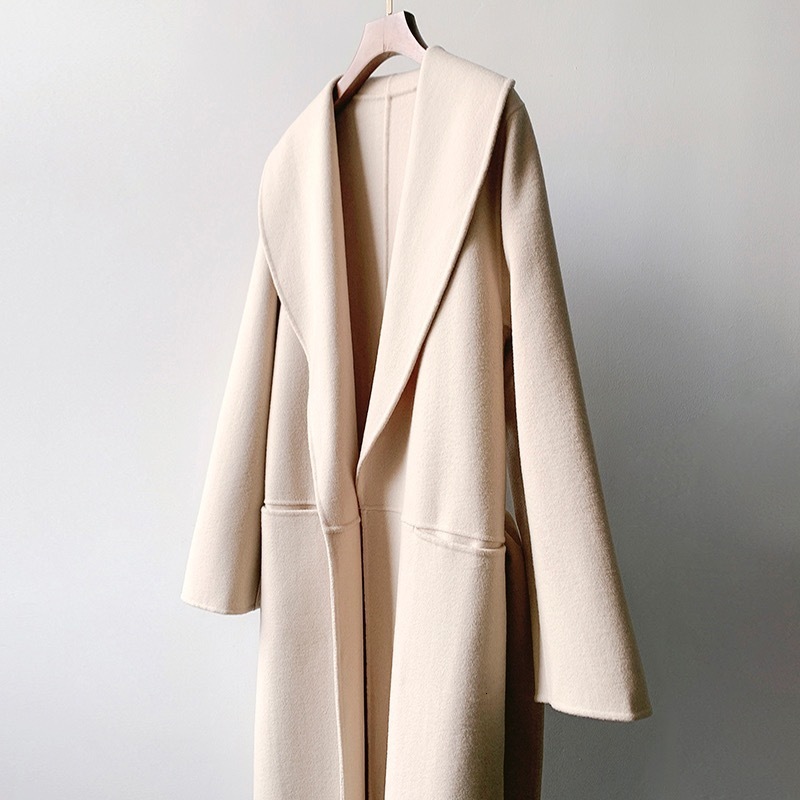 Women's Wool Blends color women Long Coat 21 winter season oversize v-neck lether cardigen belt trench 221129
