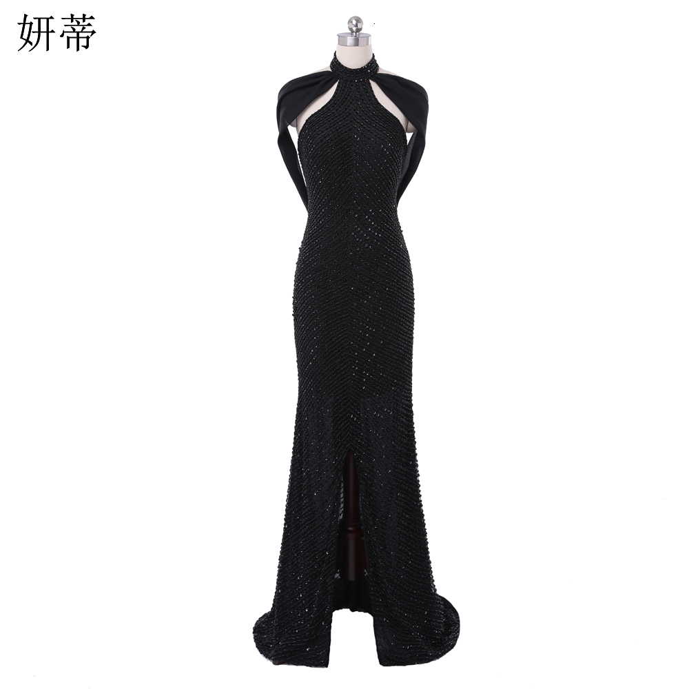 Party Dresses Elegant Black Open Back Chiffon Mermaid Prom Halter Neck Beading Sequin Off The Shoulder Sleeveless Evening Dress 221128