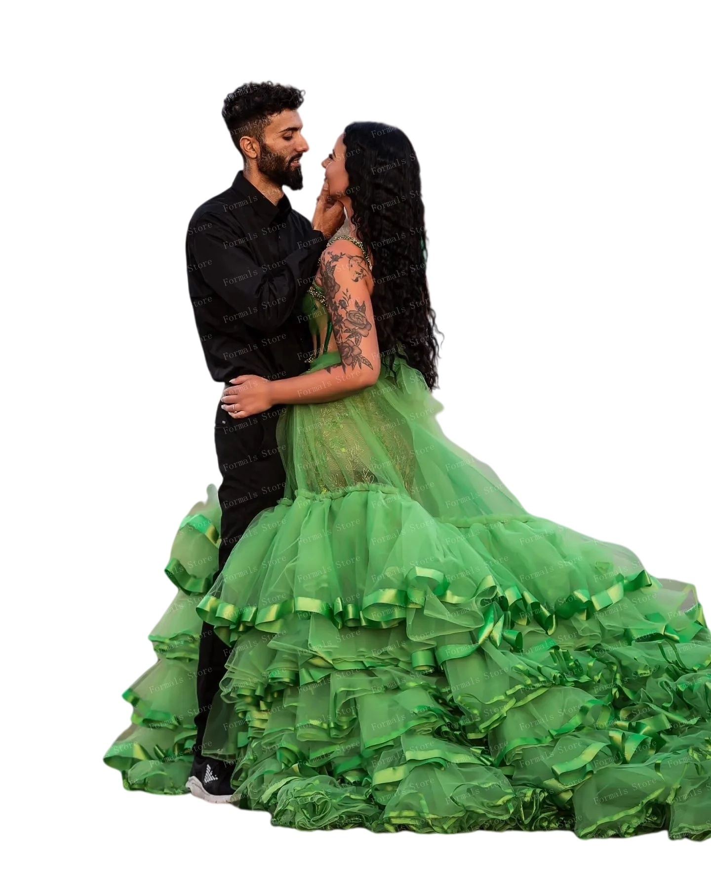Sweetheart Green princess prom dresses Crystals Beaded Women fairy tulle Layered Ruffled Evening DressFor Woman Lace-up Back