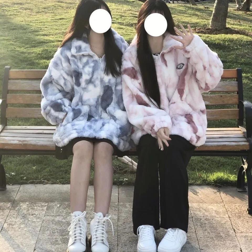 Women s Fur Faux Coat Tie Dye Woman Winter Zipper Jacket Warm Thickening Loose And Comfortable Lamb Plush Fluffy Couples Dress 221128