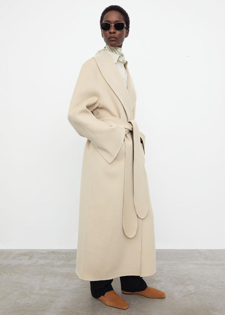 Women's Wool Blends color women Long Coat 21 winter season oversize v-neck lether cardigen belt trench 221129