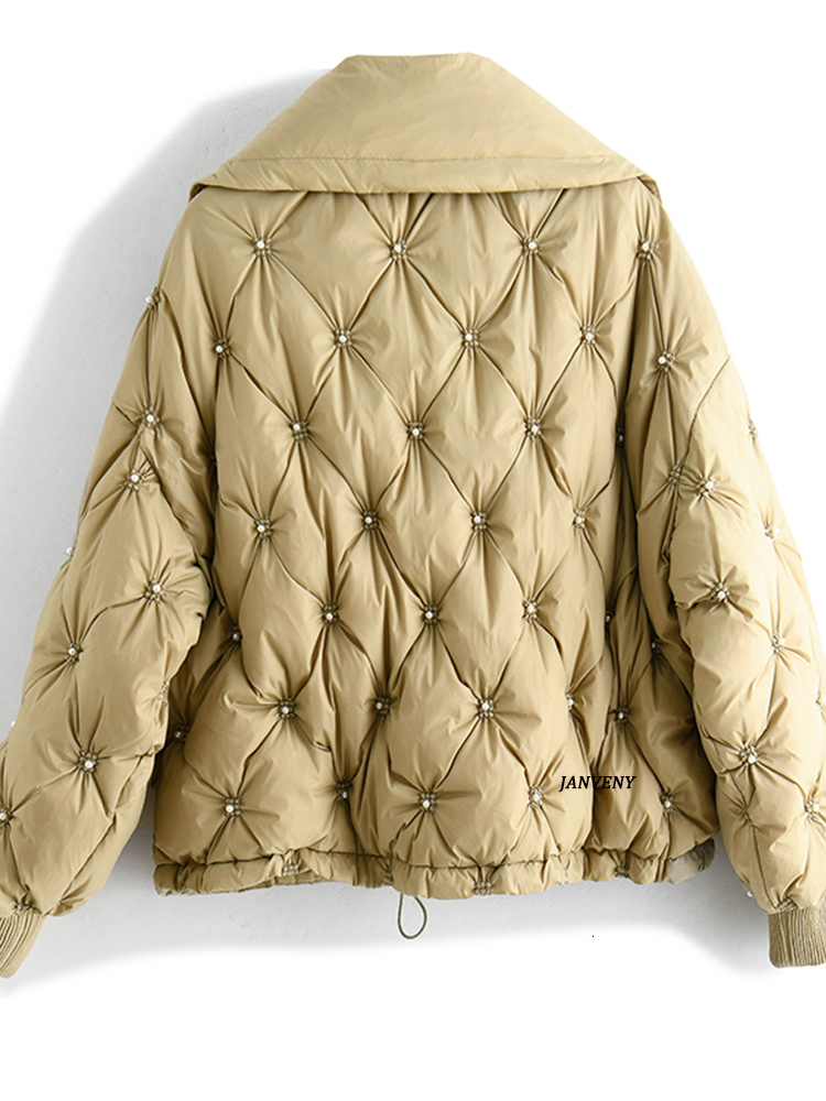 Women s Down Parkas Janveny Women Winter Fashion Oversize Short Jacket Female Waterproof Glossy Shiny Warm Casual Pearl Beading Puffy Coat 221128