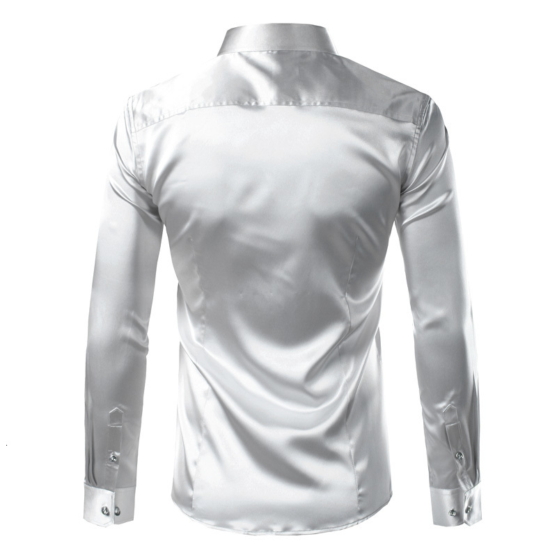 Men s Casual Shirts Silk Satin Smooth Solid Tuxedo Business Chemise Homme Slim Fit Shiny Gold Wedding Dress 221128