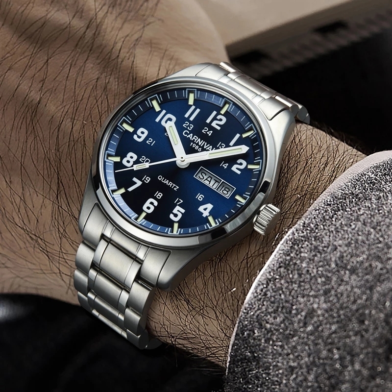 Wristwatches CARNIVAL Luxury Brand Watch Men Quartz Watches Luminous Hands Waterproof Solid Stainess Steel Men s Clock Relogio Masculino 8638 221128