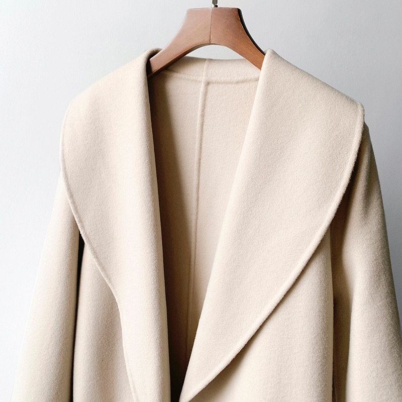 Women's Wool Blends color women Long Coat 21 winter season oversize v-neck lether cardigen belt trench 221129