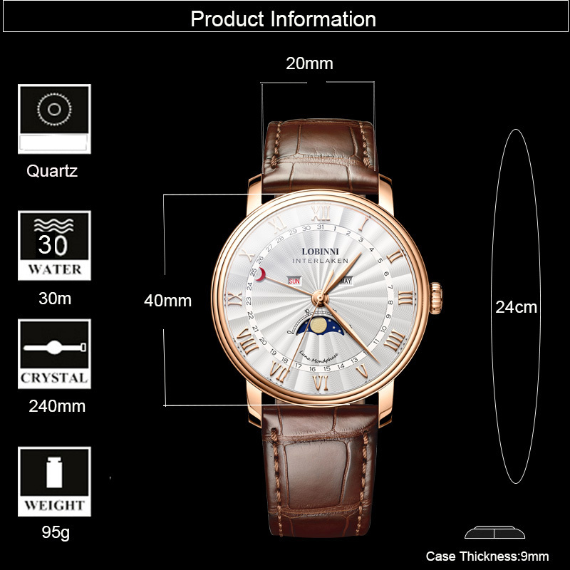 Wristwatches Switzerland LOBINNI Watch Men Luxury Brand Moon Phase Japan Movement Quartz Watches Mens Sapphire Waterproof Male Wristwatch 221128