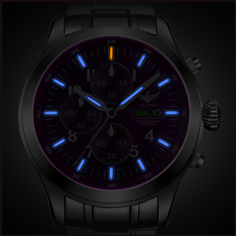 Wristwatches Yelang Men Tritium Watch Mens Chronograph Watches Pilot Quartz Wristwatch 100M Waterproof T100 Luminous Sapphire Mirror Military 221128