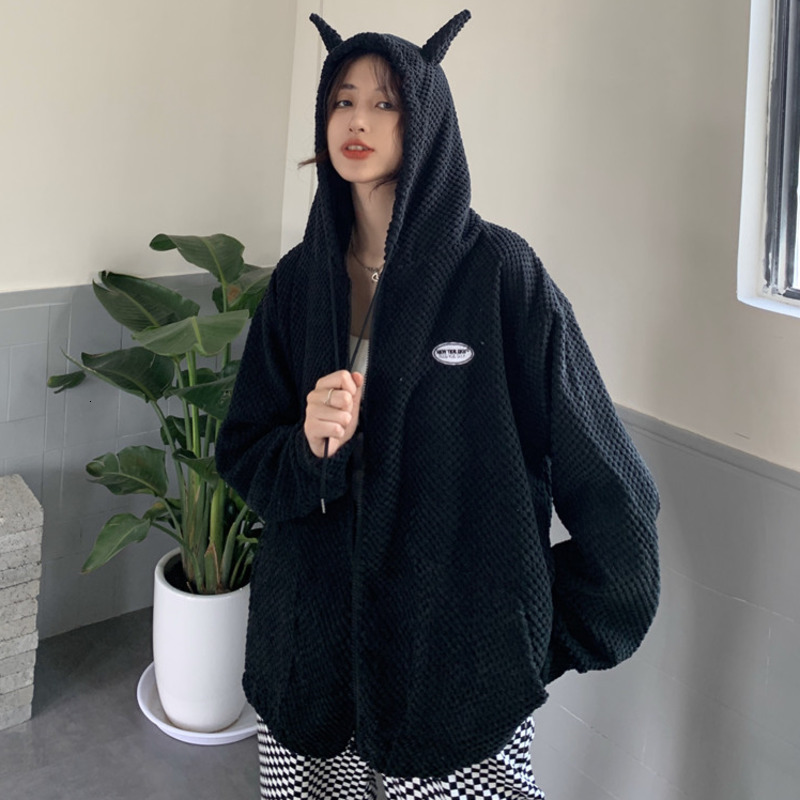 Women's Hoodies Sweatshirts Autumn Women Harajuku Punk Gothic Devil Horn Hooded Sweatshirt Plaid Teens Zip-Up Casual Loose Streetwear Party Cloth