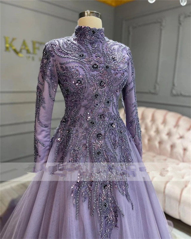 Muslim lilac lavender Prom Dresses 2023 Dubai Long Sleeve Elegant princess Women evening Party Gown Turkey Bespoke Occasion