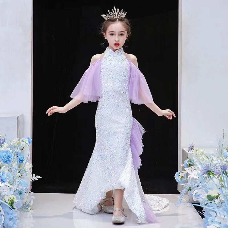 2023 White Flower Girls Dresses For Weddings Beauty Short Sleeves Mermaid Girl Birthday Party Dress Trumpet Little Girls Pageant Wear