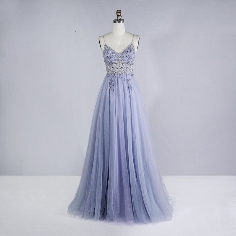 Party Dresses Beaded Crystal Prom Long Sexy See Through A-Line Split Tulle V Neck Spaghetti Strap Evening Formal Gown 221128