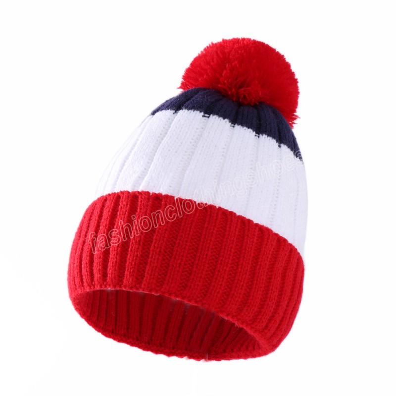 Baby Knit Pompom Beanie Hats Winter Knitted Contrast Color Stripe Hat Kids Warm Crochet Caps Outdoor Cap